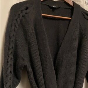 Braided sleeve open cardigan tie sweater